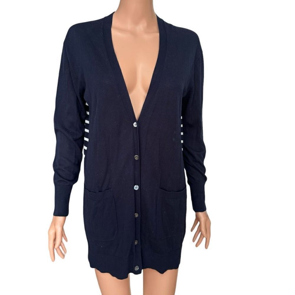 J. Crew Womens Long Cardigan Sweater Striped back Size S Navy White 100% cotton